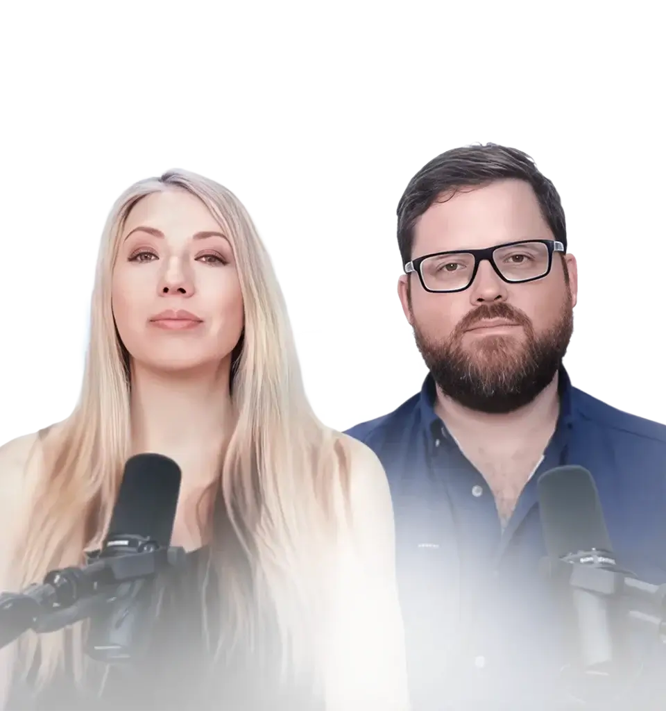 Two people speaking into microphones, looking forward.